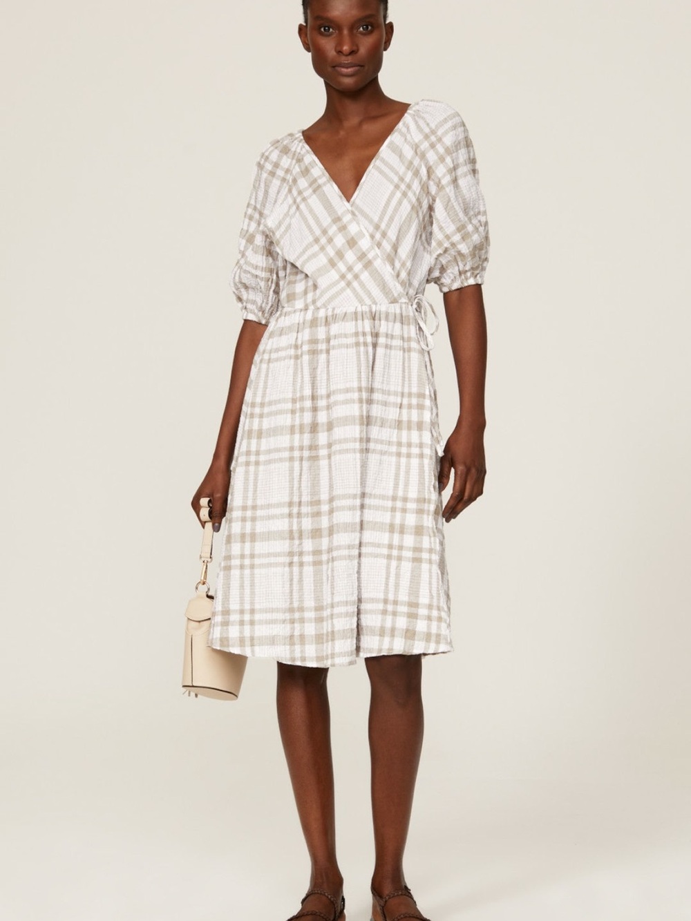 Love, Whit by Whitney Port Plaid Wrap Midi Dress in Taupe and White